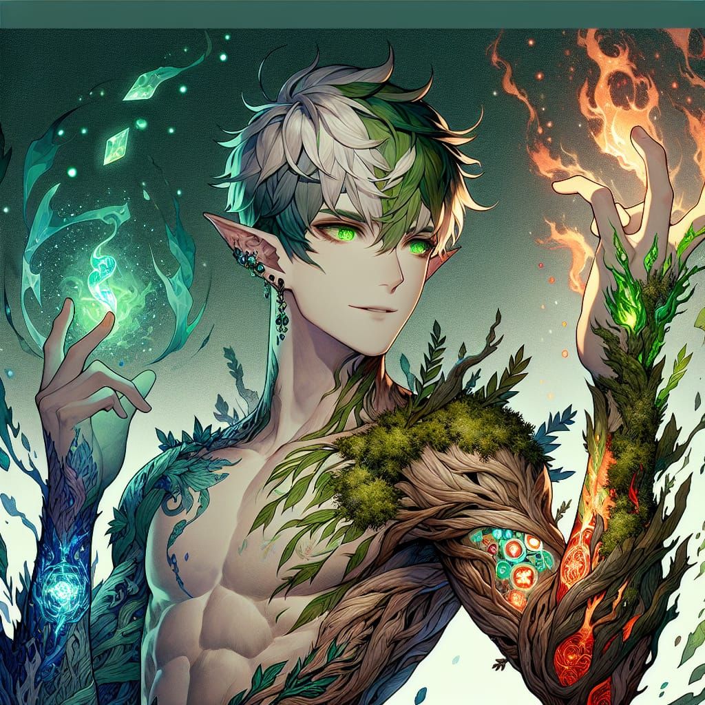 Anime Satyr Elementalist with Fire and Ice