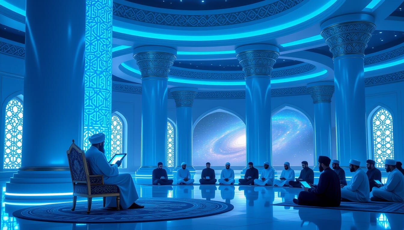 Futuristic Islamic Space Station Hall with Scholars