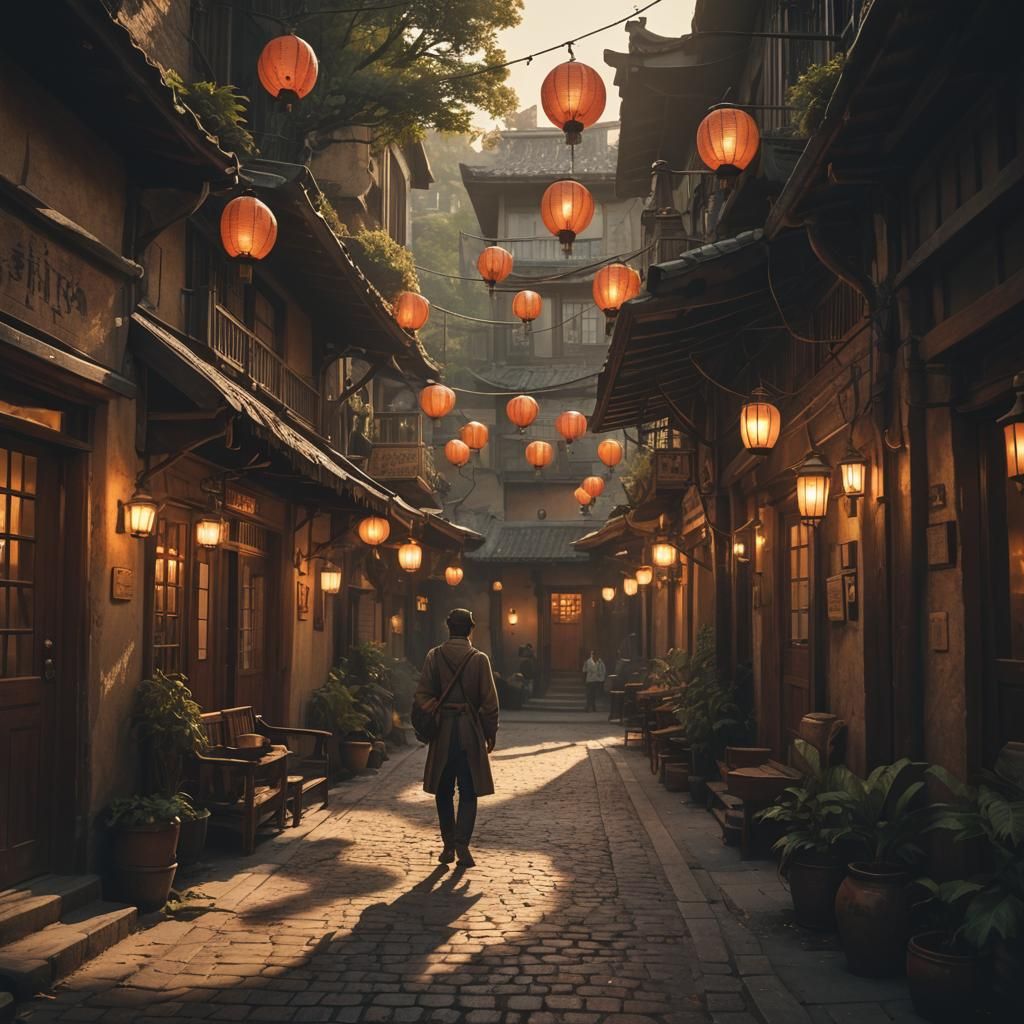 Cinematic Traveler at Bustling Inn Entrance