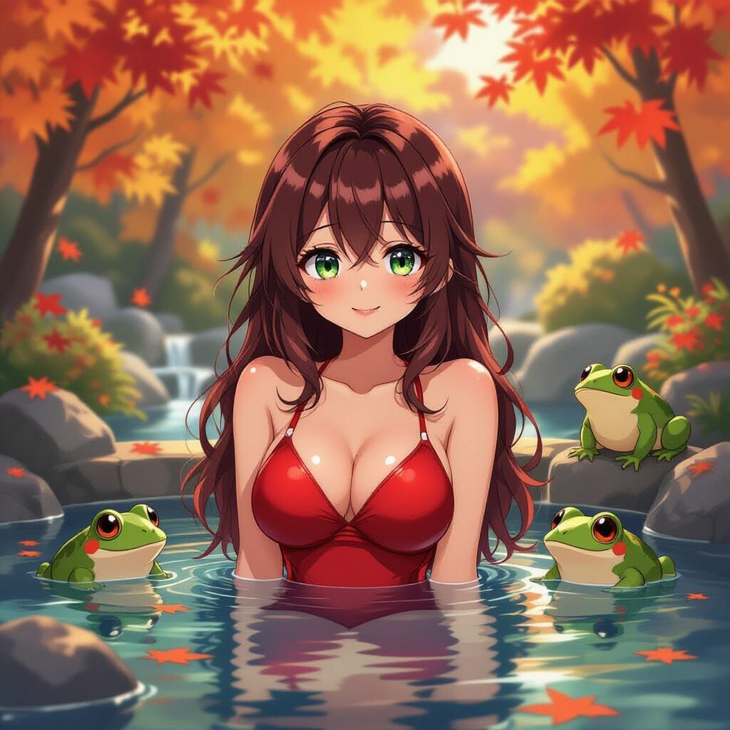 Anime Woman in Hot Springs with Frogs, Autumn Leaves
