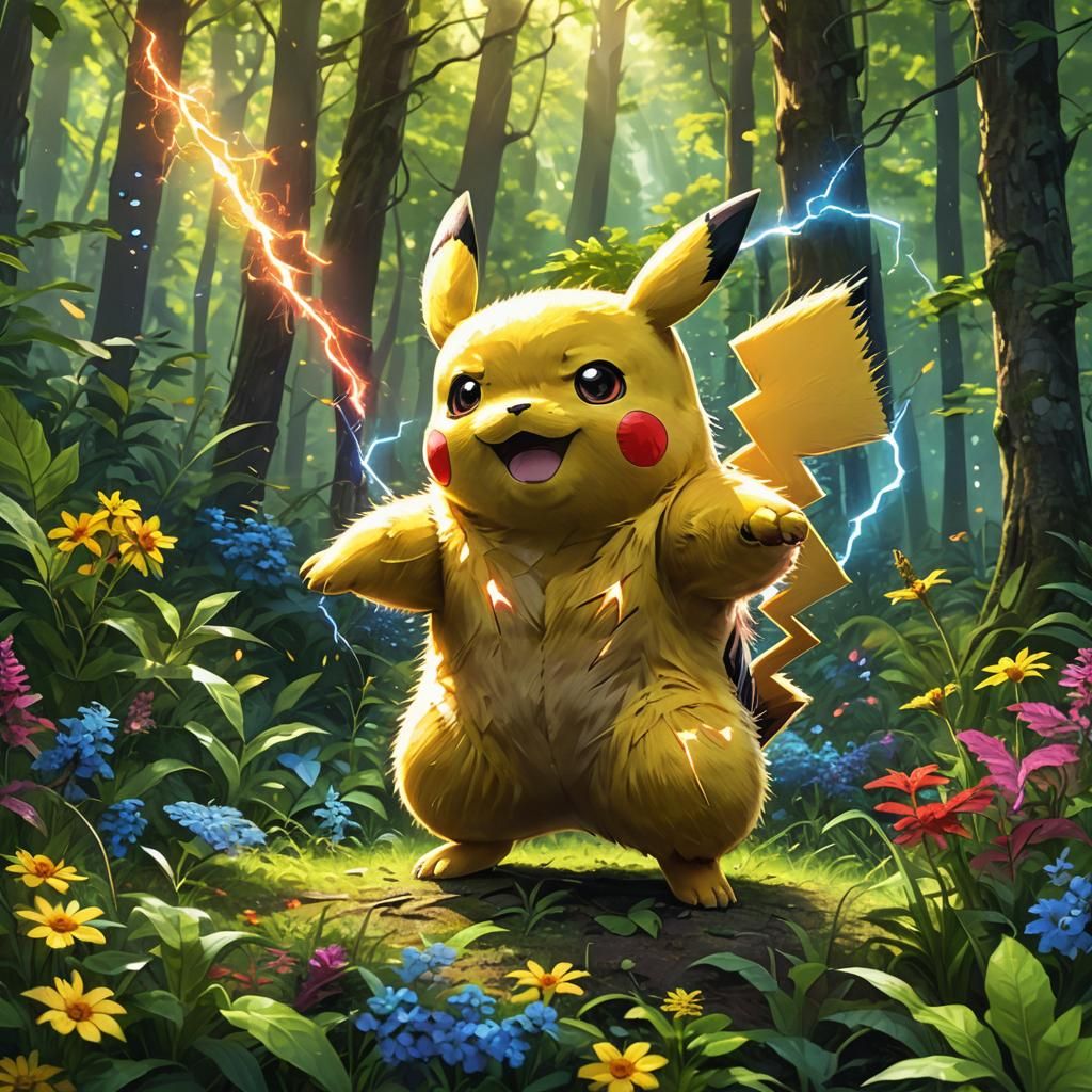 Muscular Pikachu in Sunny Forest: Vibrant Digital Art