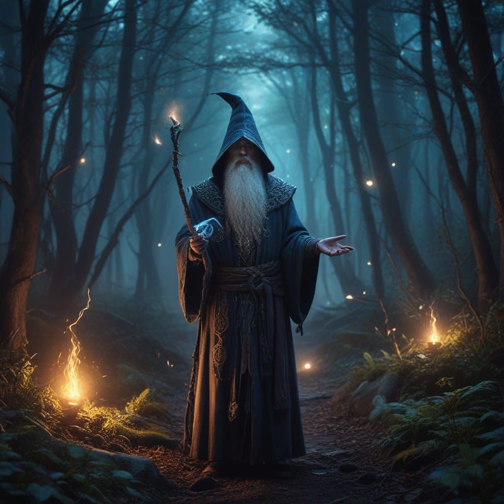 Enchanted Wizard in Dreamlike Forest Landscape