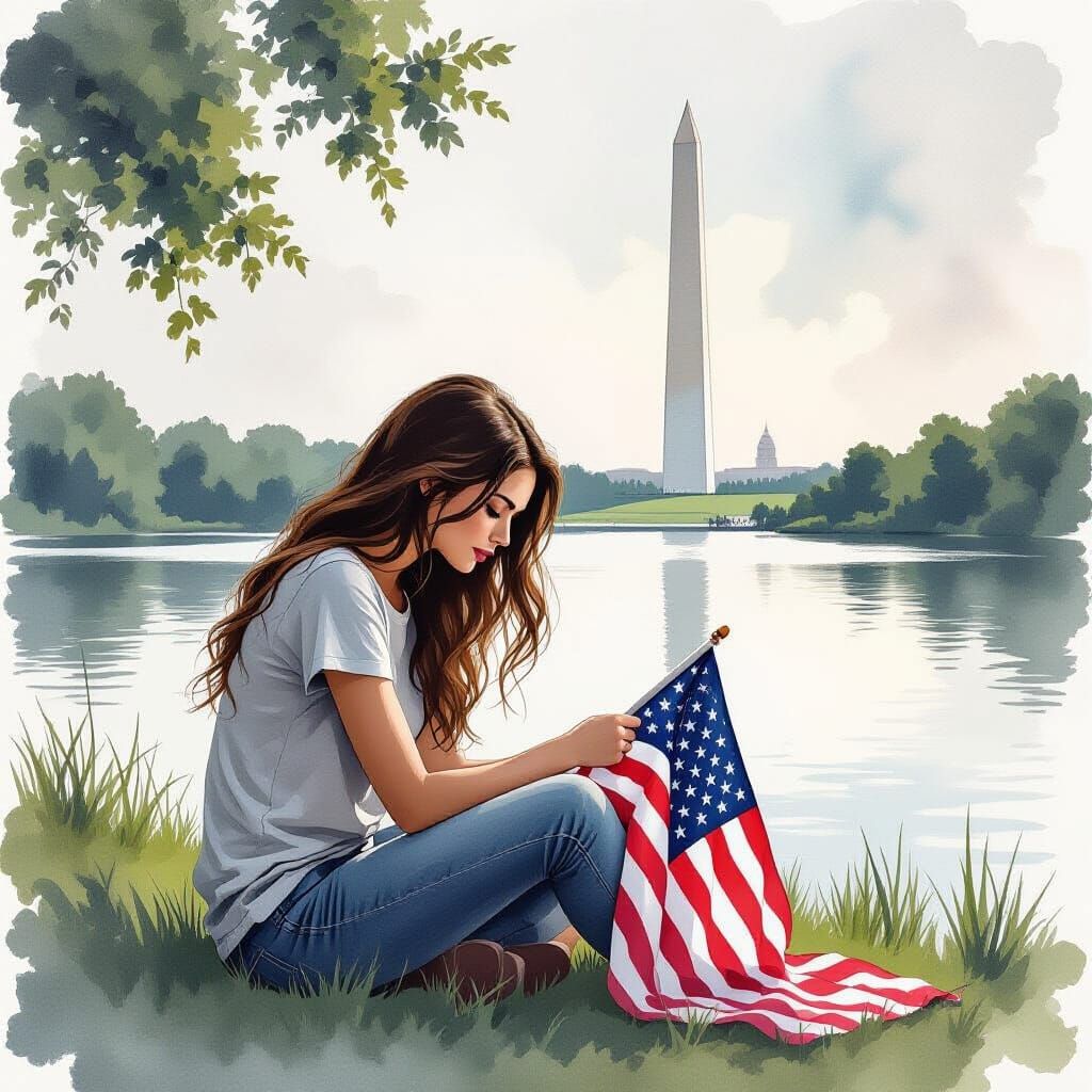 Distressed Woman with Flag by Lake, in Watercolor Style