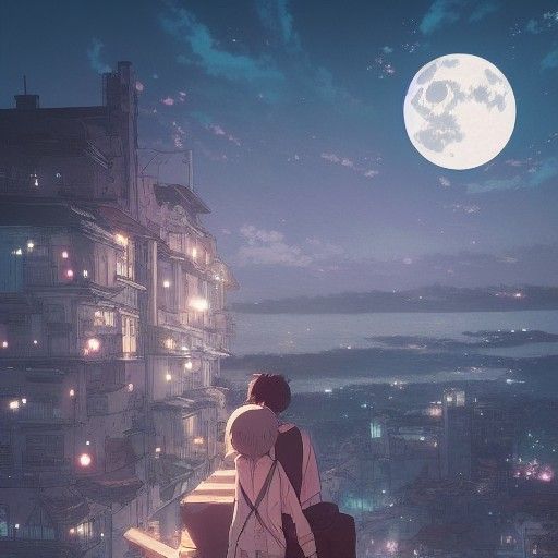 Moonlit Anime City Cliffside Inspired by Ghibli