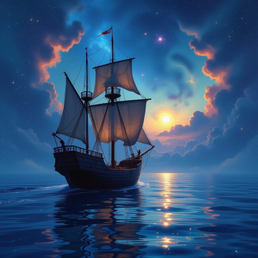 Ancient Ship on Starlight Sea Under Cosmic Sky