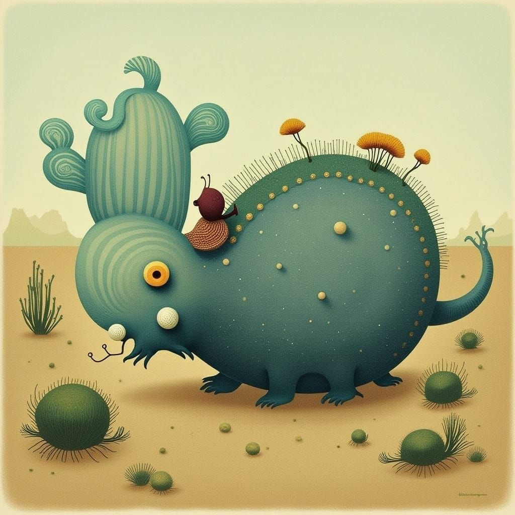 Armadillo in Cactus Desert, Serene Art Style
