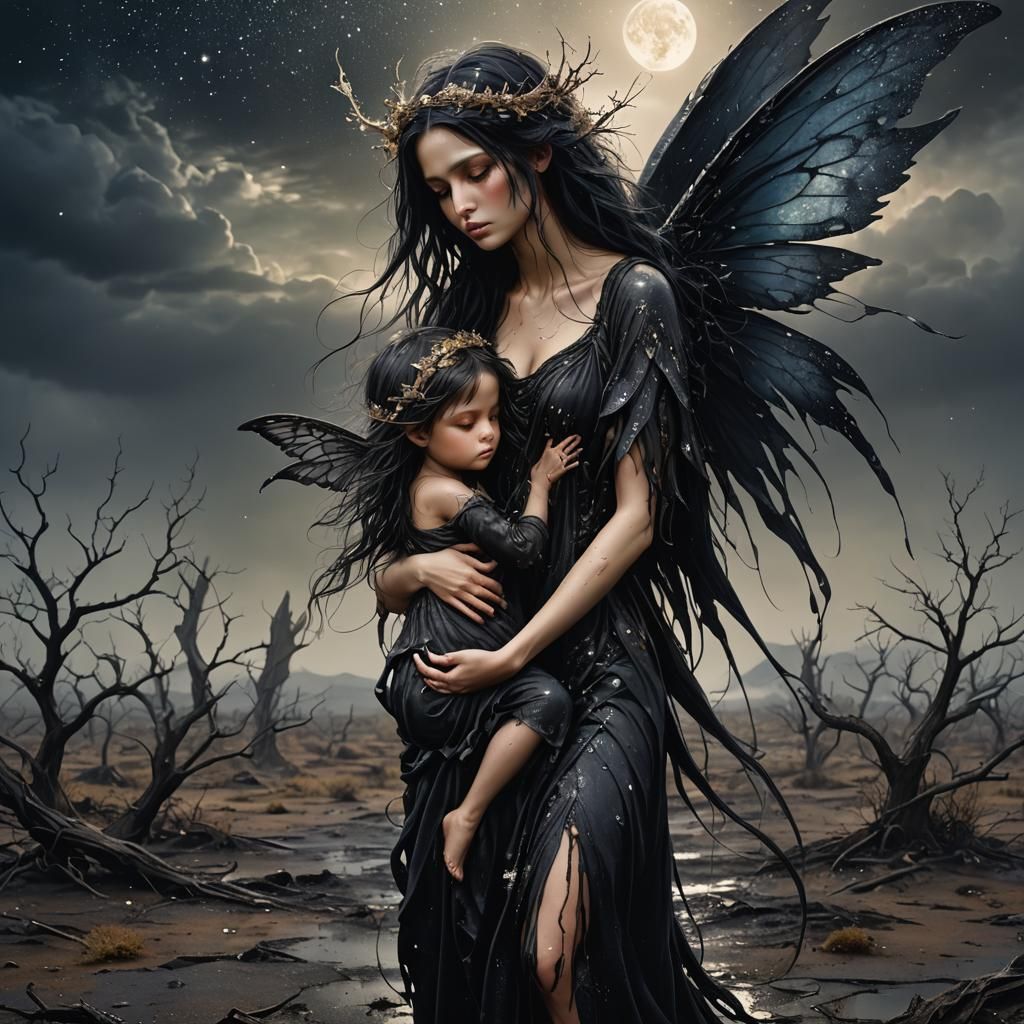 Winged Fairy Carries Child Through Barren Land
