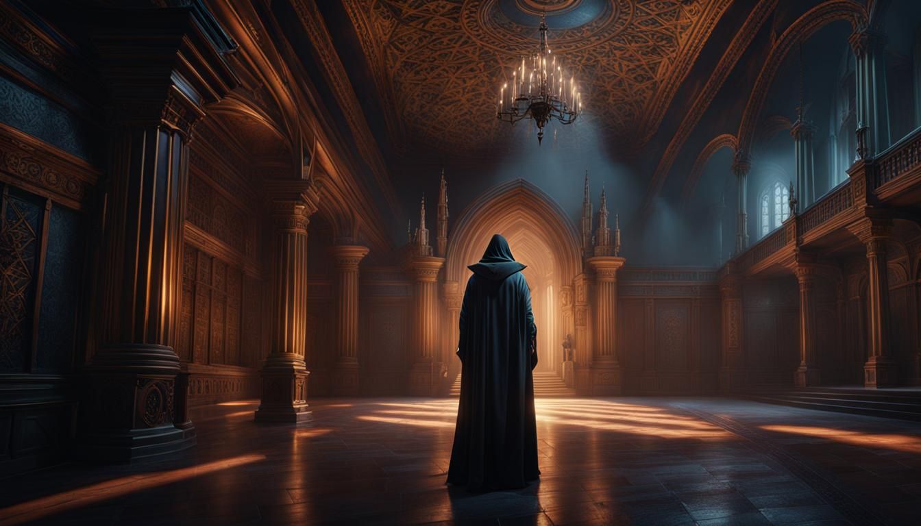 Cloaked Figure in Dimly Lit Occult Hall