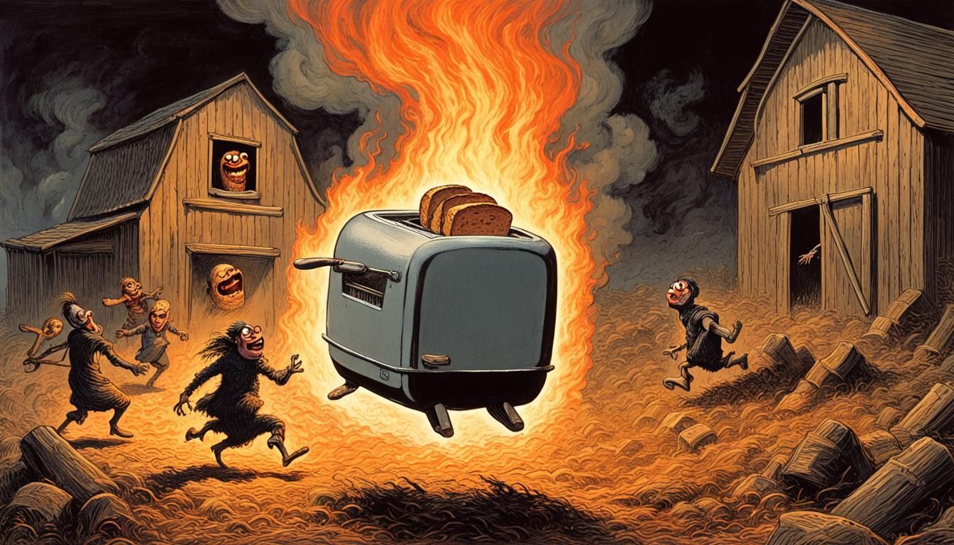 The Evil Toaster chases the Bread through the burning barn IV