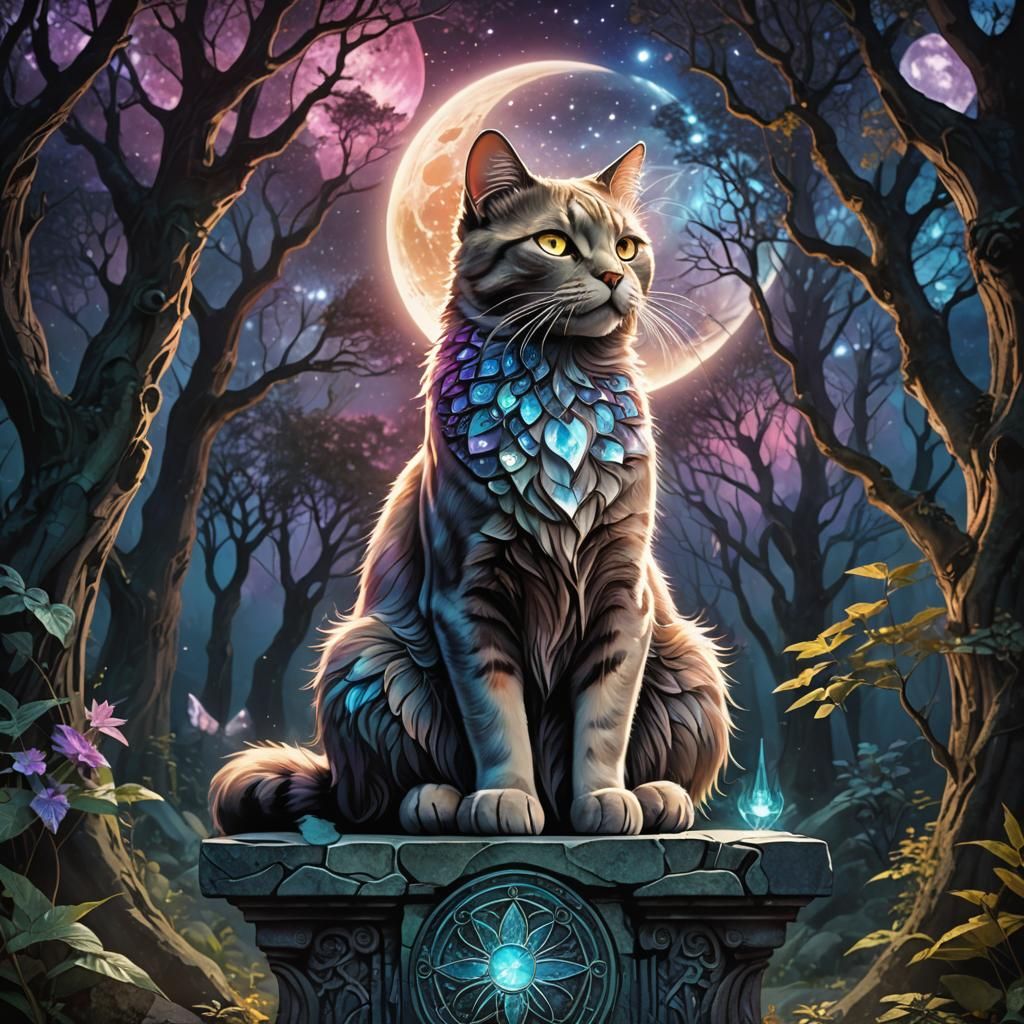 Mystical Moon Goddess Cat in Cosmic Surrealism Style