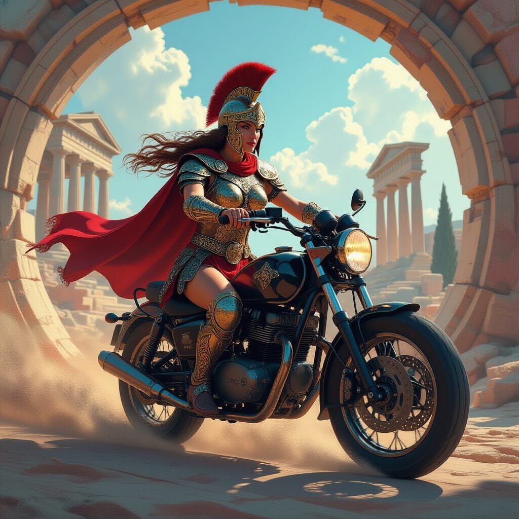 Ancient Macedonian Warrior Rides Time Vortex Motorbike