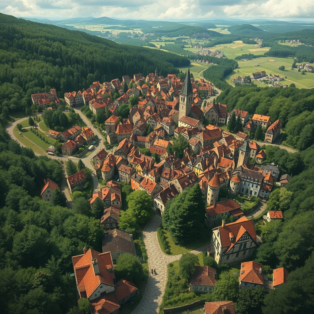 Aerial View of a Small Medieval Town