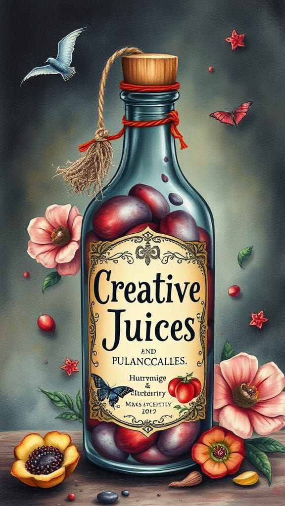 Vintage Watercolor Bottle of Creative Juices in Dark Whimsic...