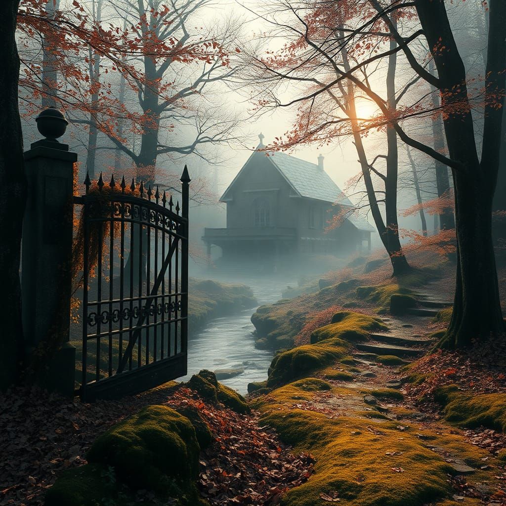Mystical Monastery Gate in Autumnal Forest