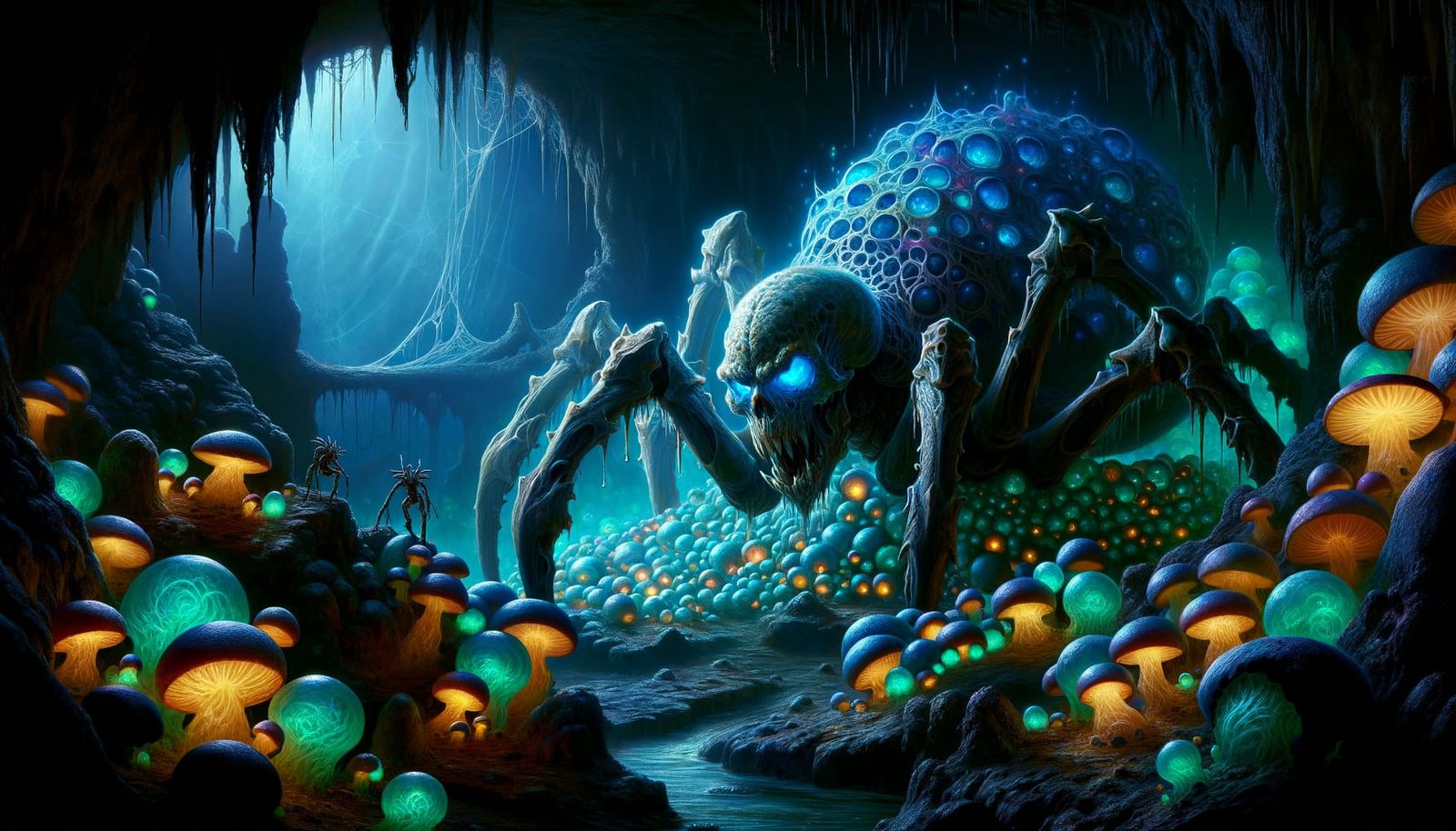 Epic Fantasy Creature Emerges from Bioluminescent Cave