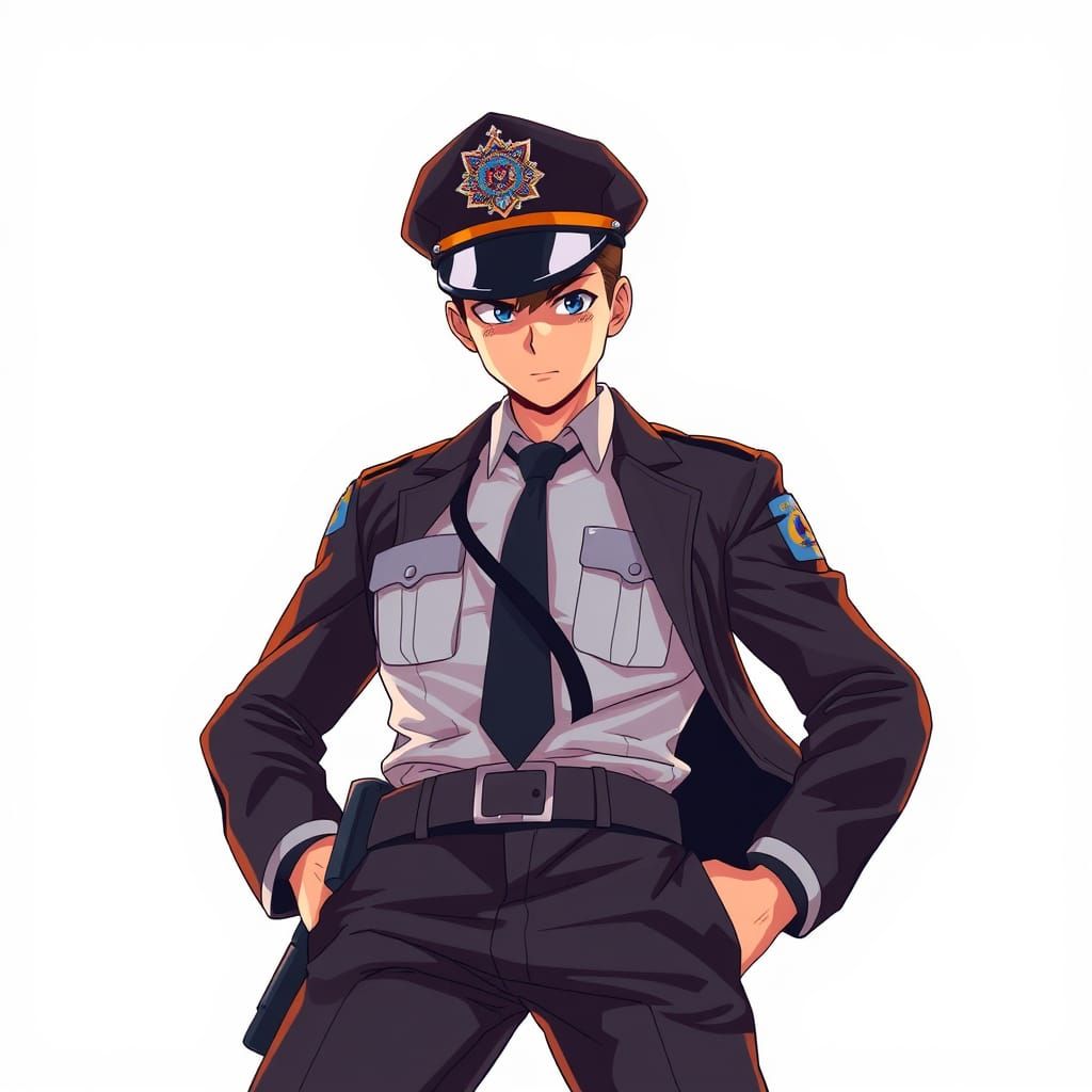Confident Anime Police Officer in Cel-Shaded Style
