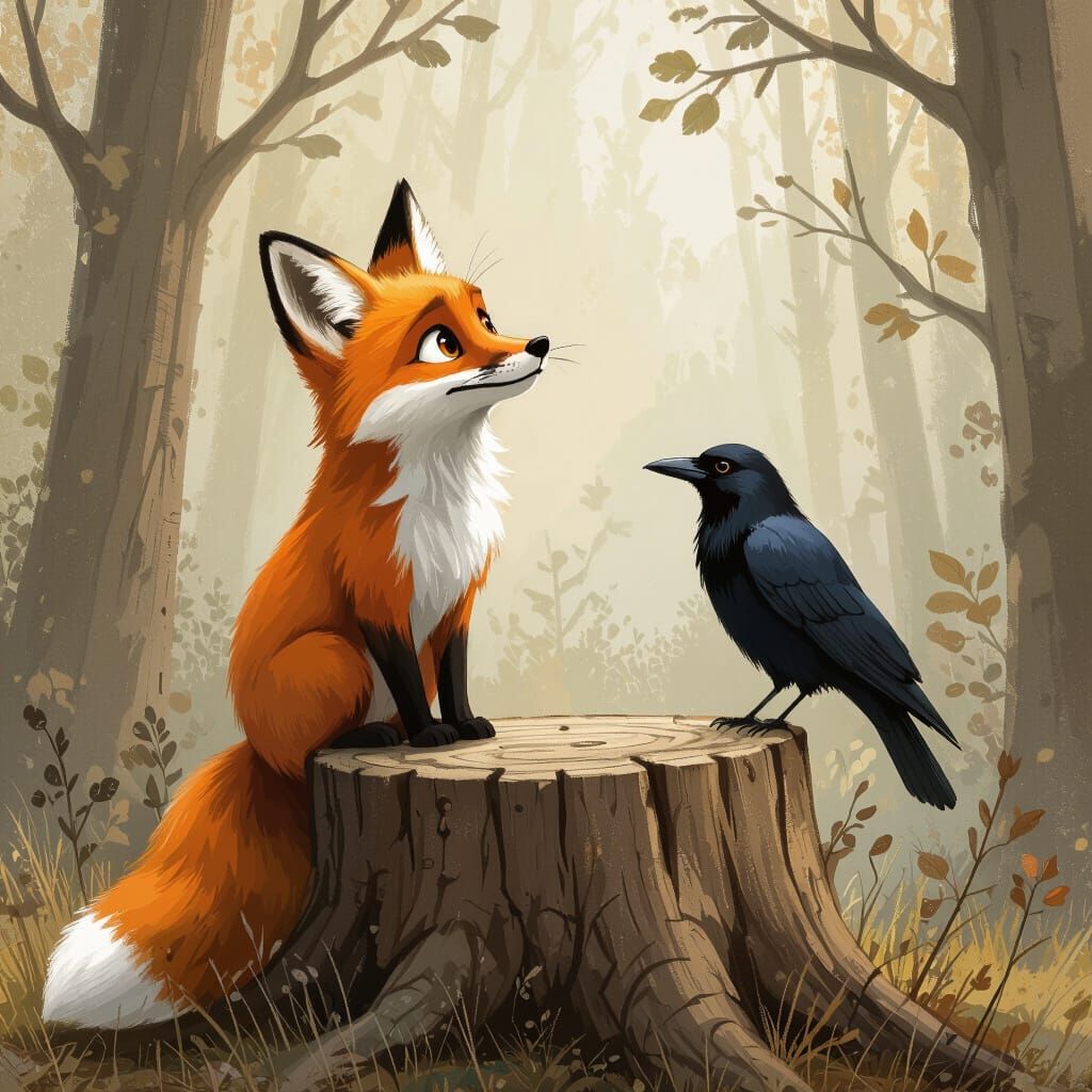 Wise Fox and Crow in Whimsical Forest