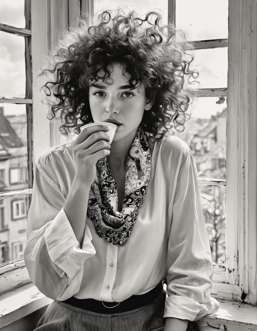 Woman with Coffee: Painterly Black and White Portrait