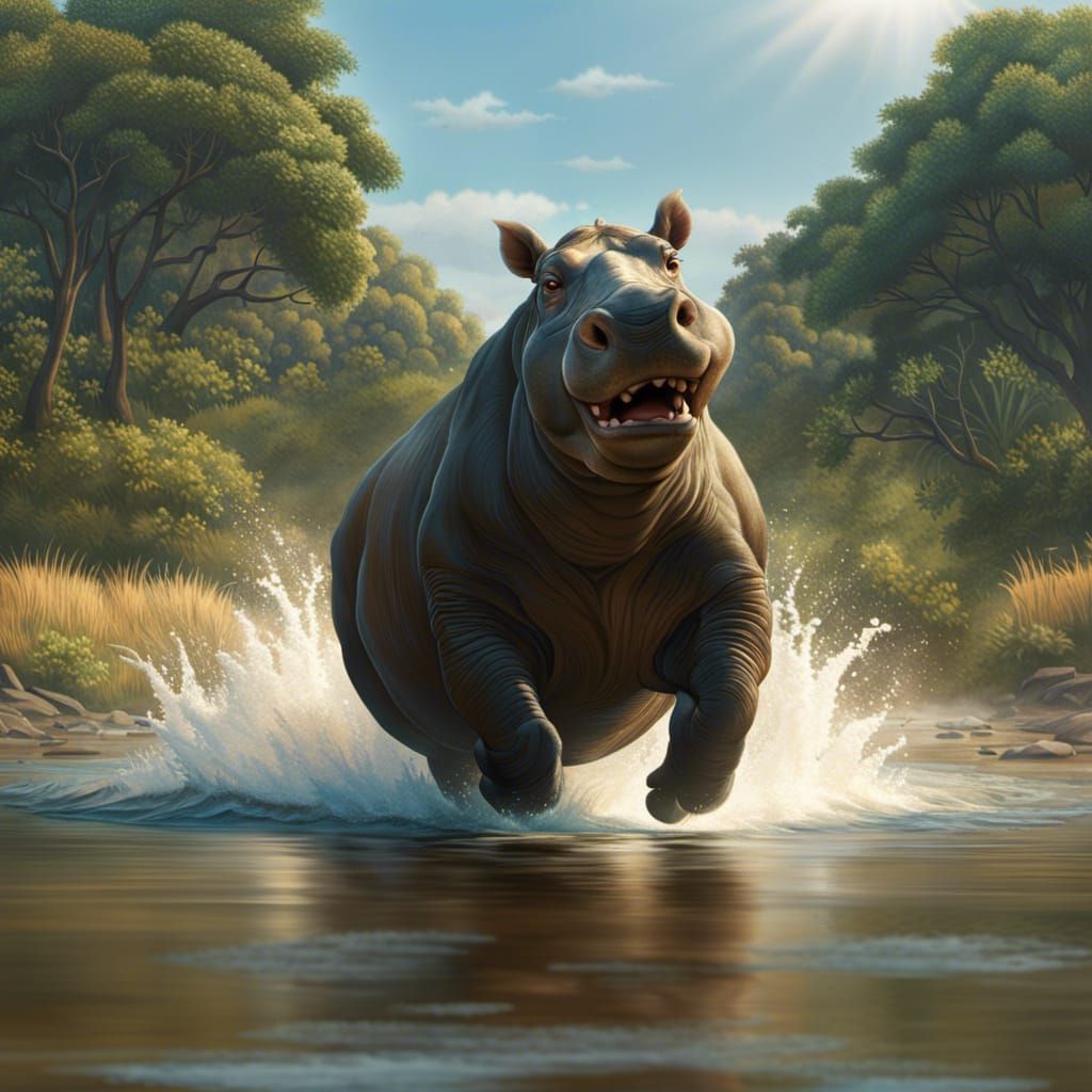 Hyperrealistic Hippo Runs Into River: Cinematic Art