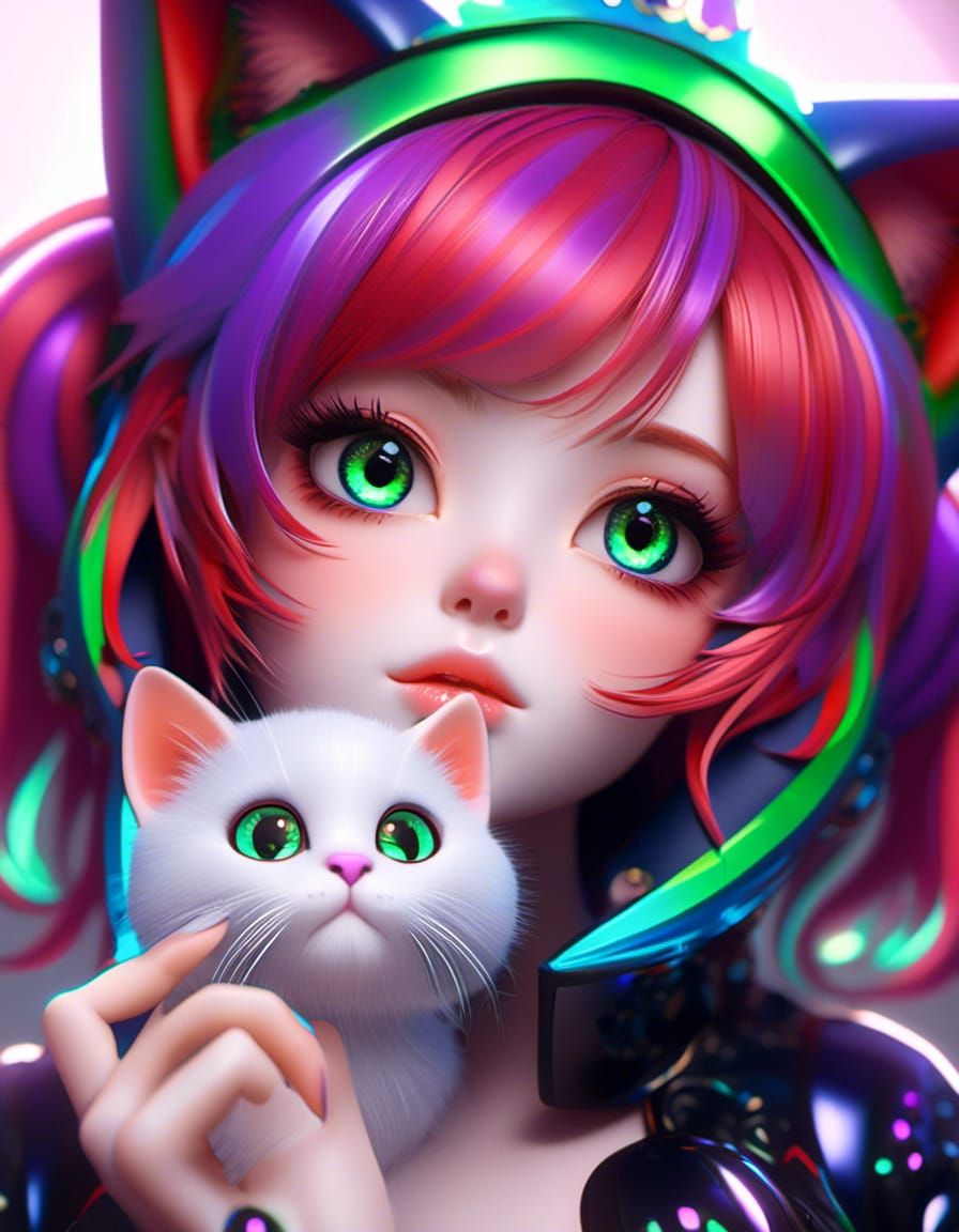 PhotoRealistic Kawaii female with red hair, cat ears, black, green and purple 128k resolution, intricately detailed, max...