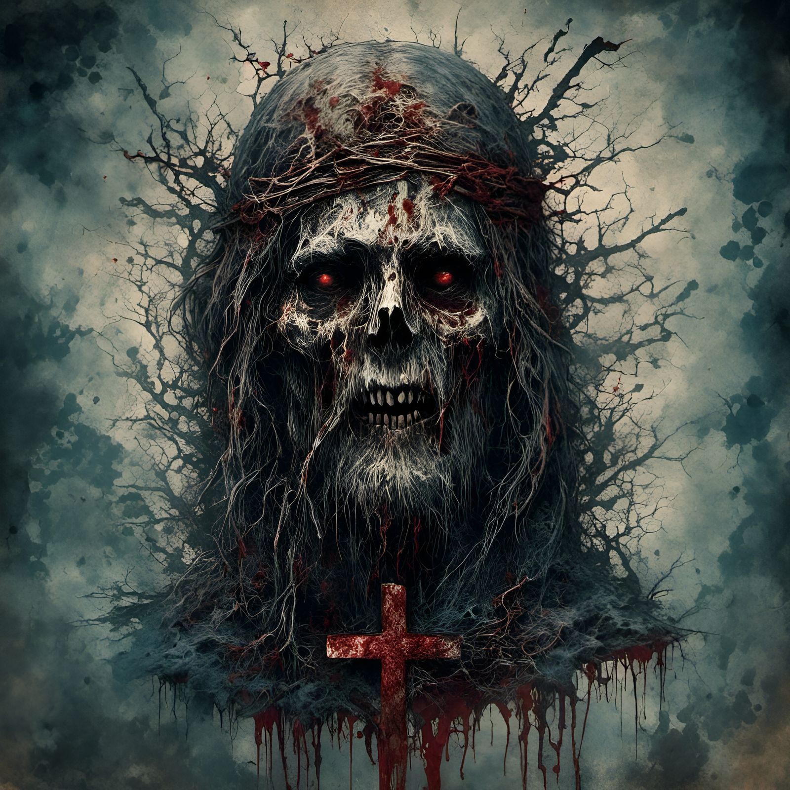 Macabre Zombie Jesus Christ in Hell Landscape