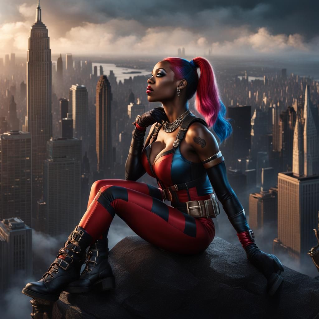 Harley Quinn Grieves Loss in Gotham: Detailed Matte Painting