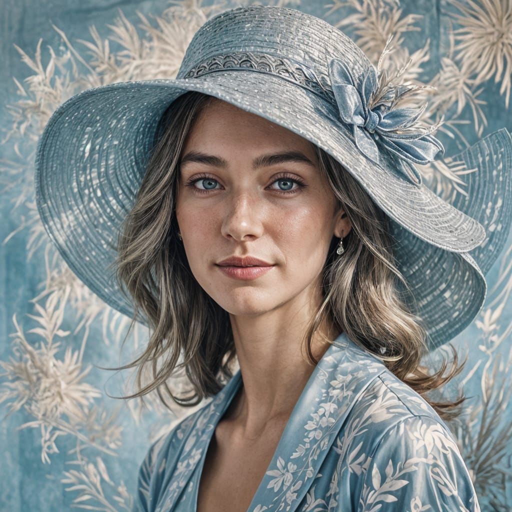 Woman in Blue Hat with Silver Pattern Portrait