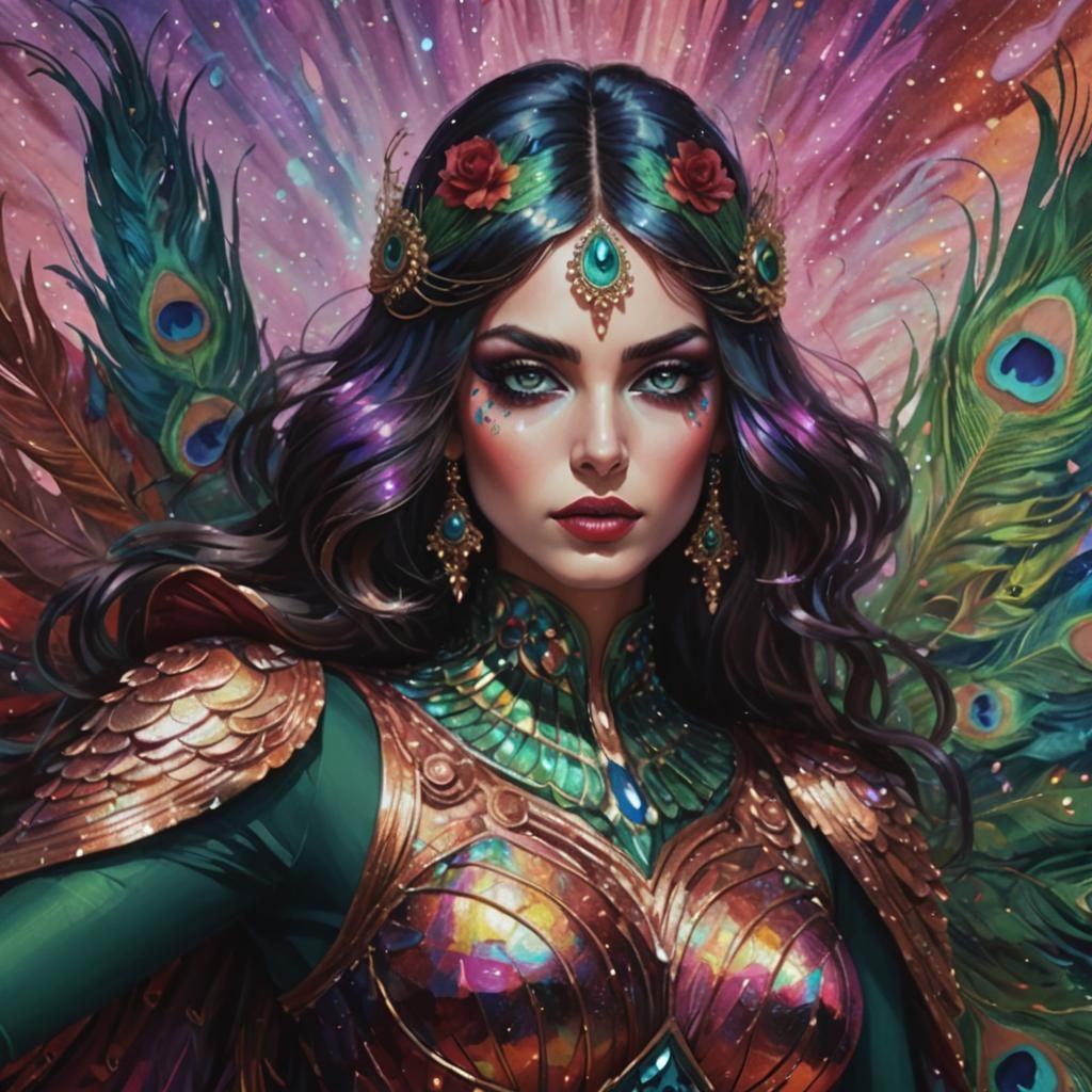 Cosmic Woman with Peacock Feathers, Psychedelic Illustration