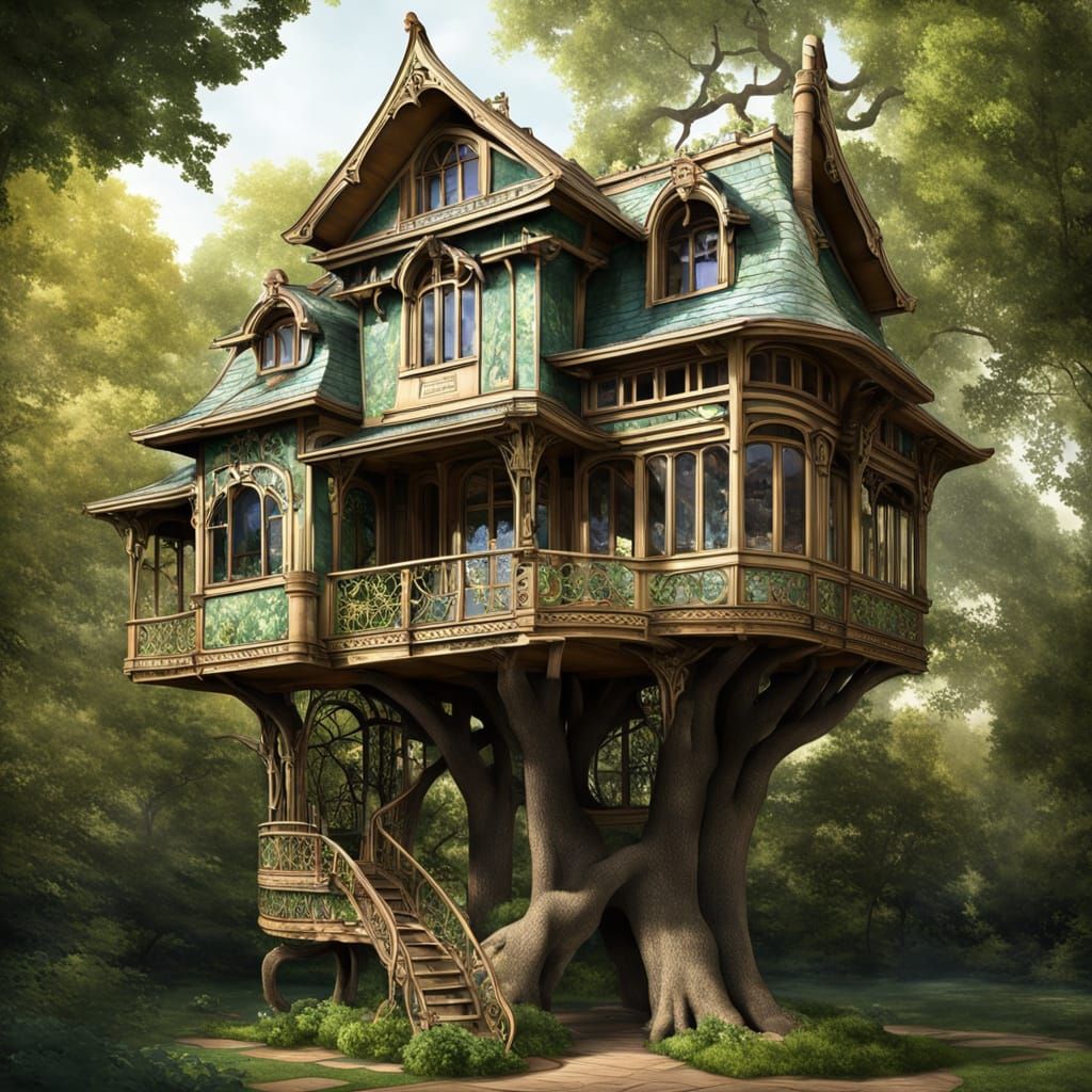 Whimsical Treehouse in Art Nouveau Style