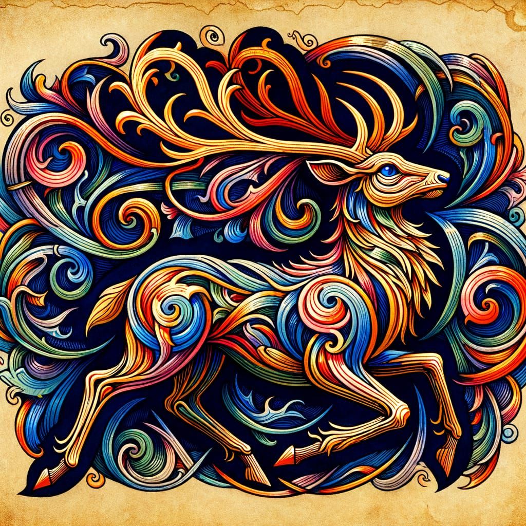 Mystical Deer in Illuminated Manuscript Style
