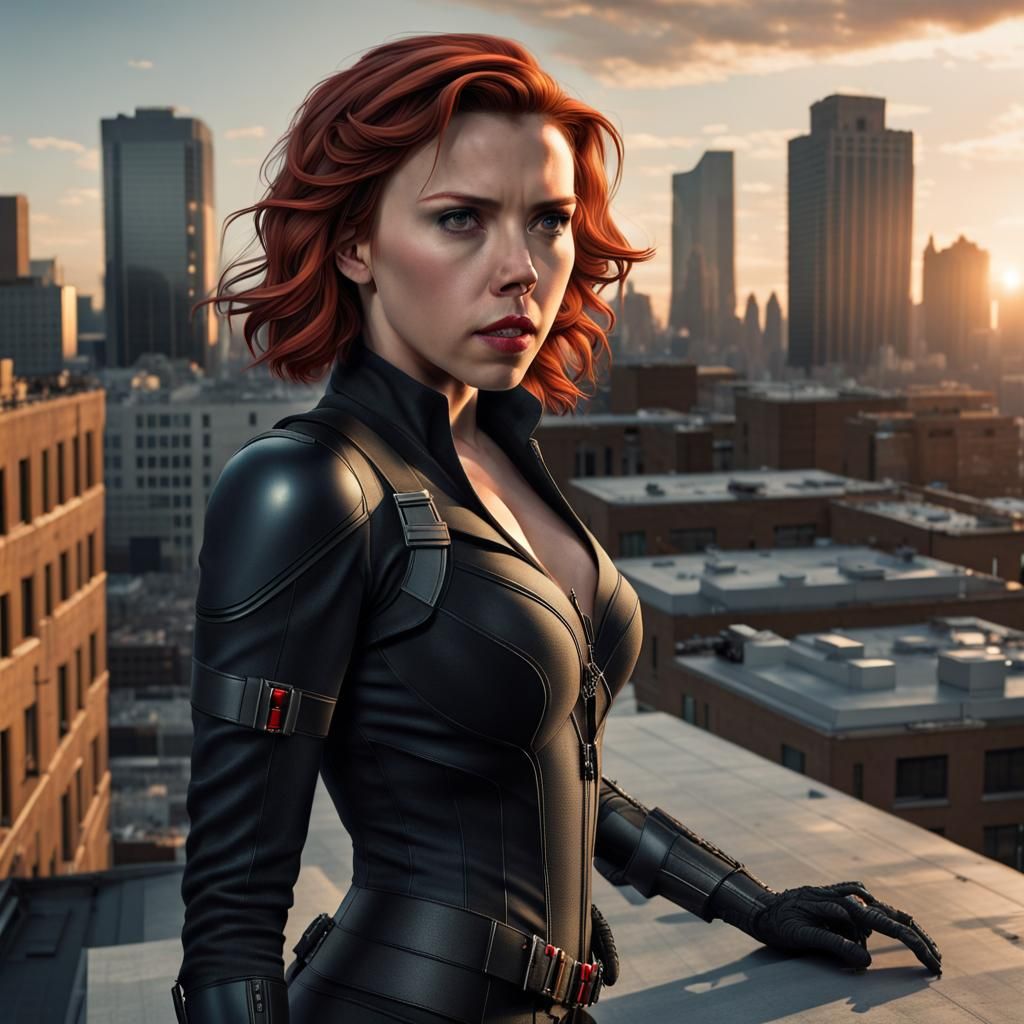 Black Widow on Rooftop at Sunset: Hyperrealistic Rendering