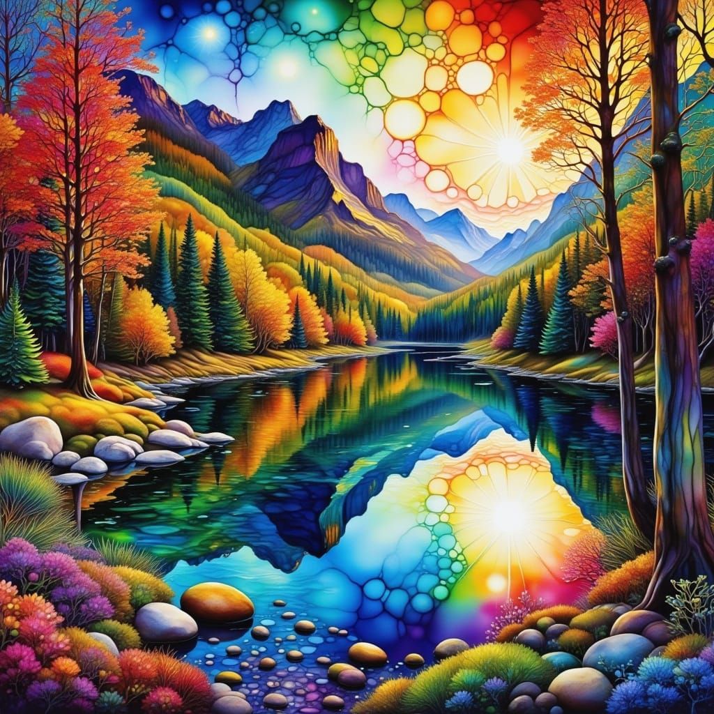 <lora:PR AlcoholWCGlass:1.0> Stylized Lake and forest in the style of Richard Caldicott