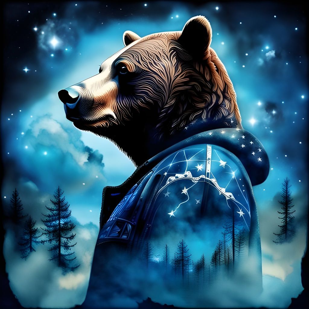 Double Exposure Bear Silhouette with Tattoo Sky