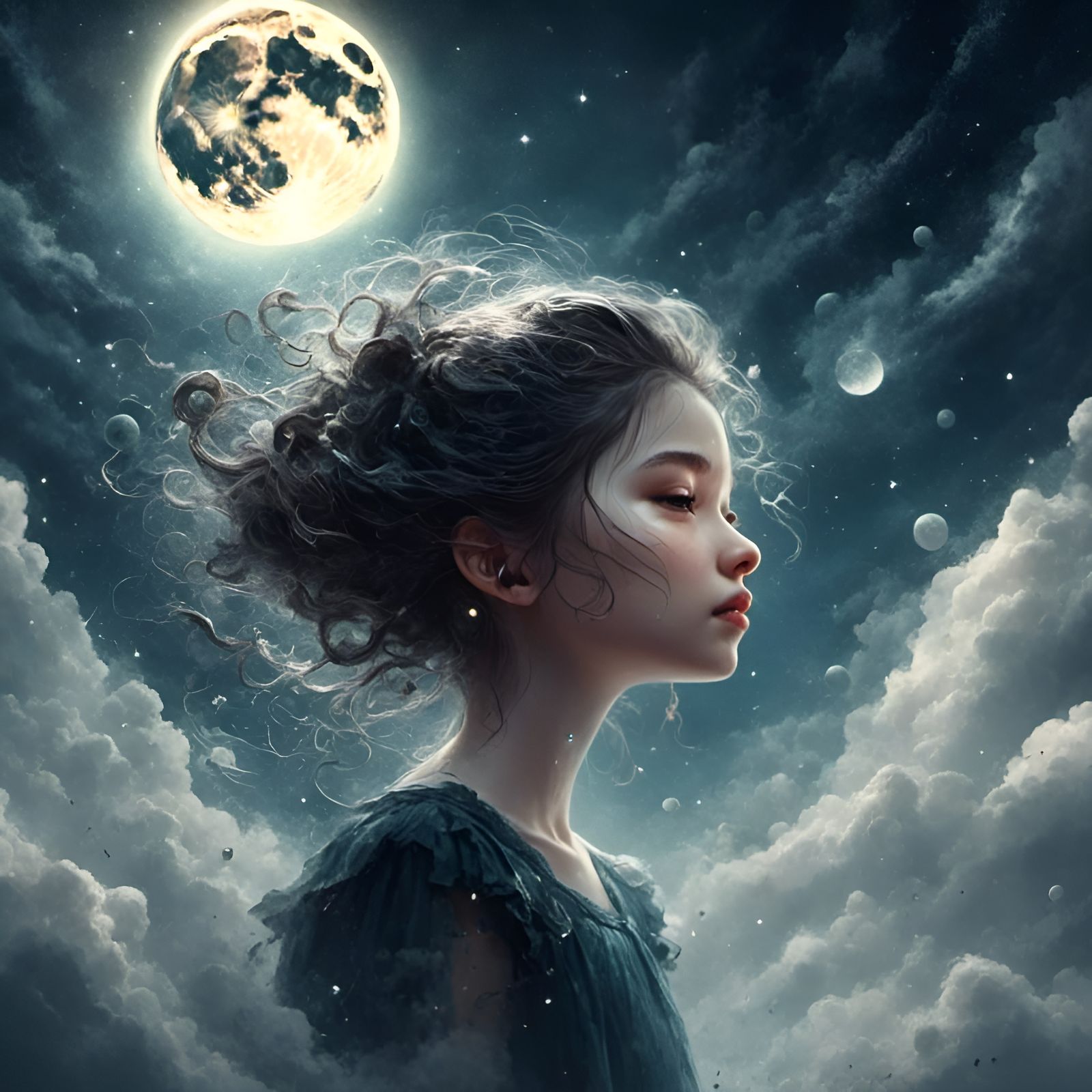Anime Girl Playing with the Moon in Dreamy Sky