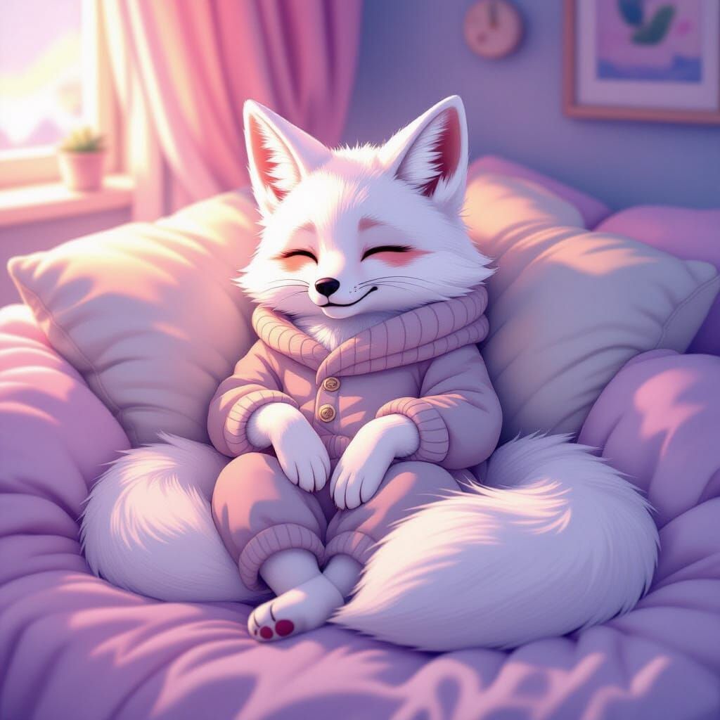 Cozy White Fox Lounging in Anime Style