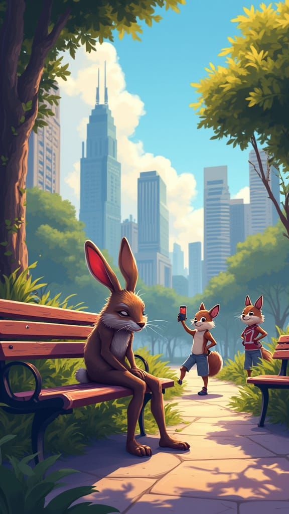 Melancholic Cartoon Rabbit in City Park