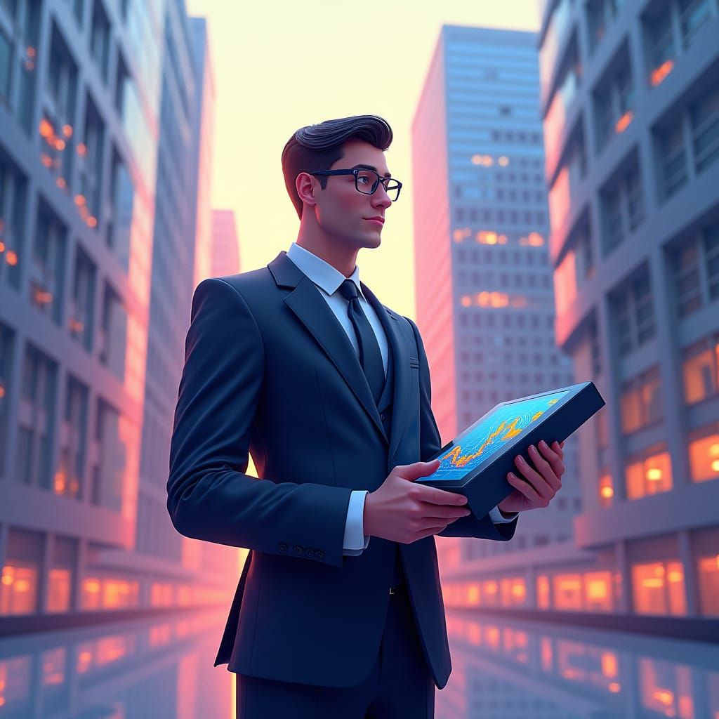 Businessperson with Tablet in Digital Painting Style