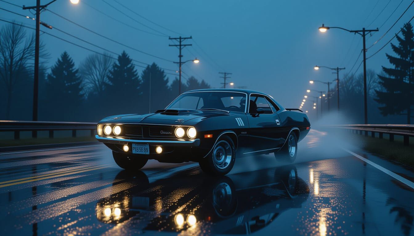 Black Barracuda Drifting in Rain at Dusk