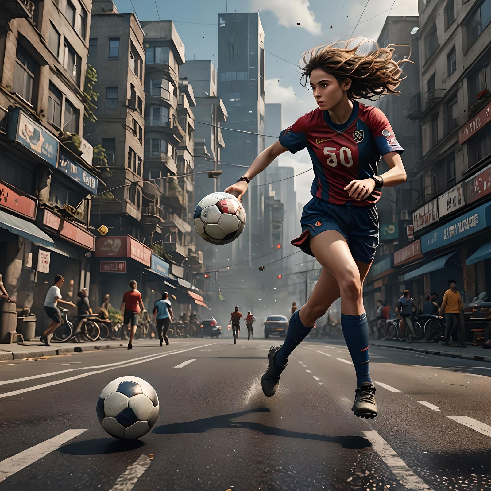 Woman Playing Football: Detailed Matte Painting