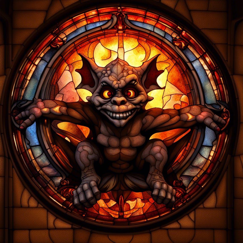 Fiery Gargoyle Stained Glass Window Digital Painting