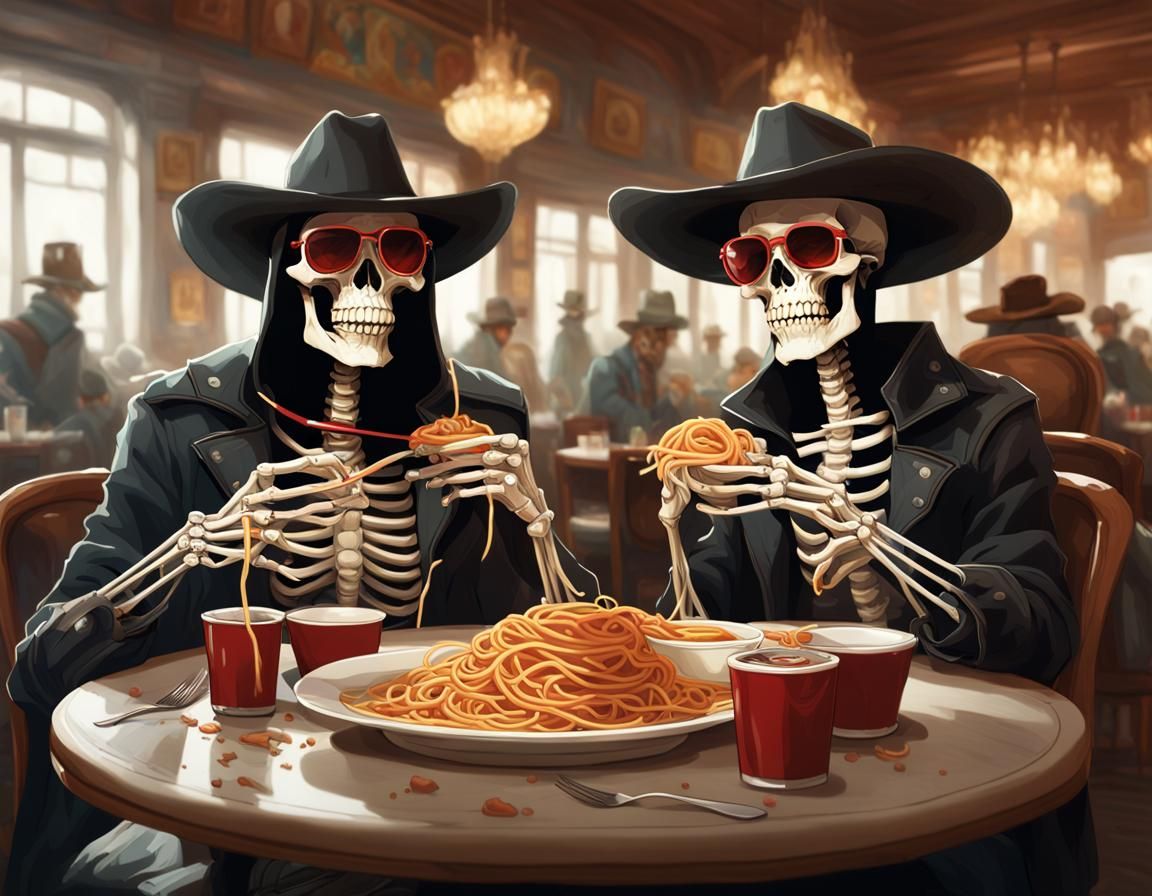 Skeletons Enjoying Spaghetti Dinner in Rococo Style