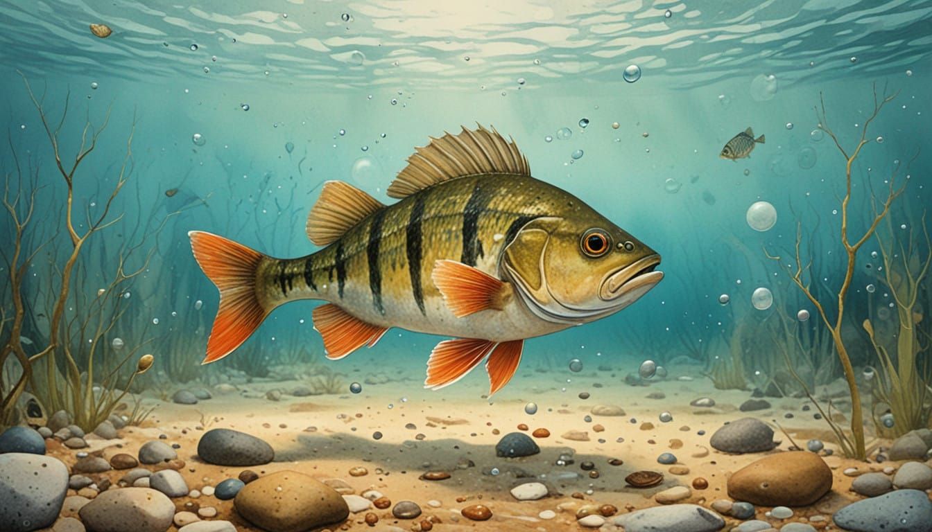 Whimsical Watercolor Perch Scene with Bubbles and Sandy Rive...