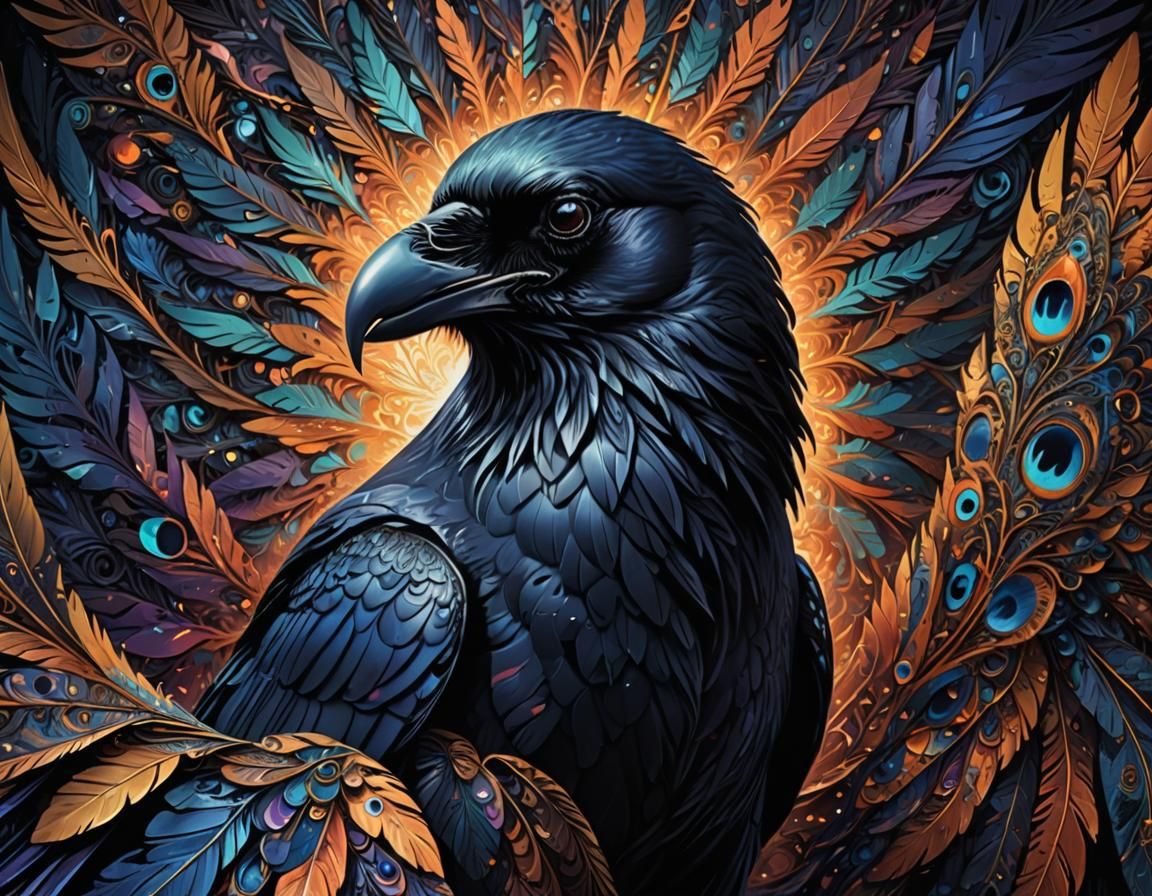 Raven with Curious Gaze in Valhalla: Digital Art