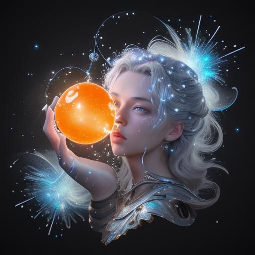 Cinematic detailed Van Gogh inspired abstract view beautiful sorceress commanding an orange blue silver bionic steam pun...