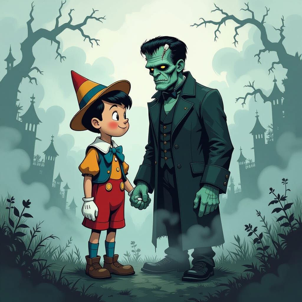 Pinocchio and Frankenstein in Gothic Landscape