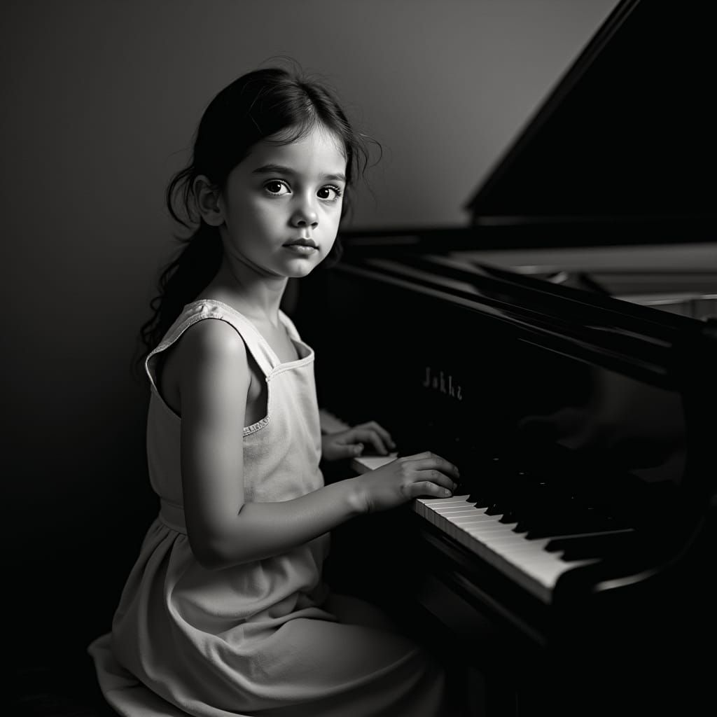 photorealistic black and white portrait of young girl with realistic facial features beside piano in the style of Annie ...
