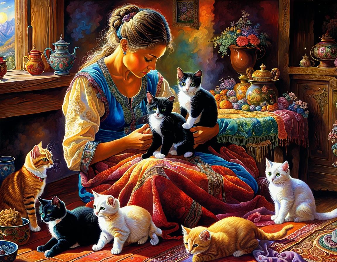 Caring Woman with Cats: Oil on Canvas Watercolor
