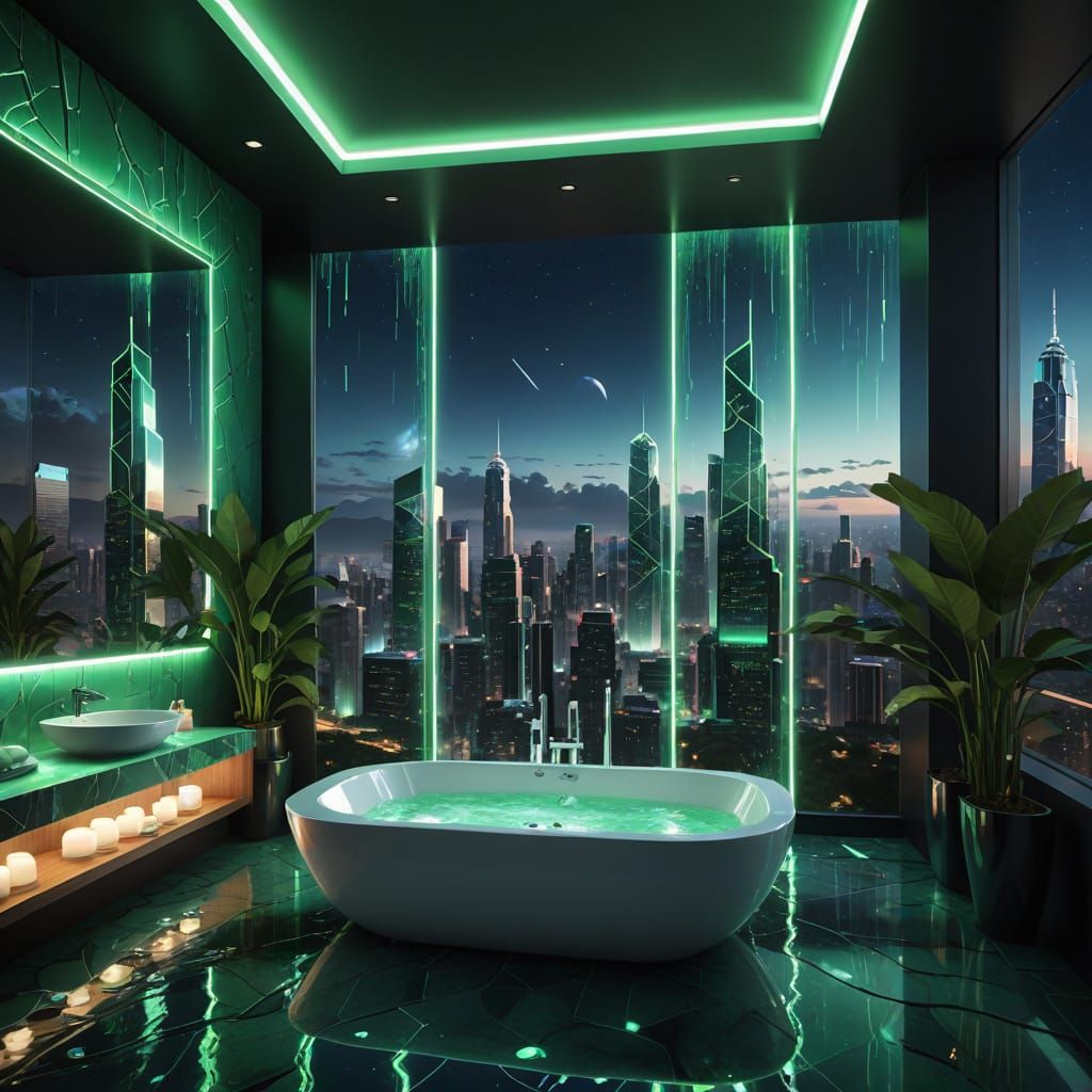 Futuristic Rooftop Bathroom With Emerald Lighting