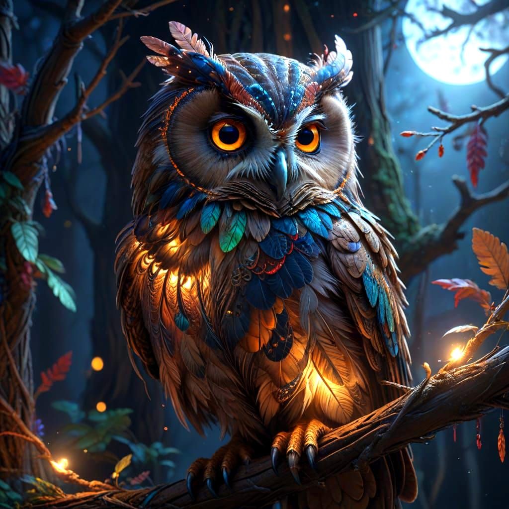 Woven Tapestry Owl in Moonlit Forest