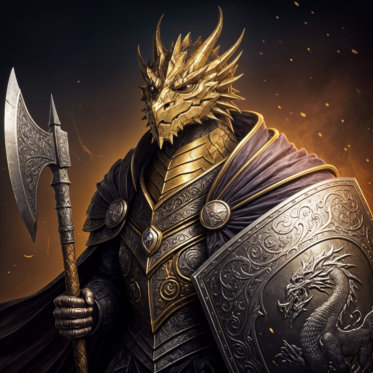 Dragonborn Paladin with Axe and Shield, Fantasy Art